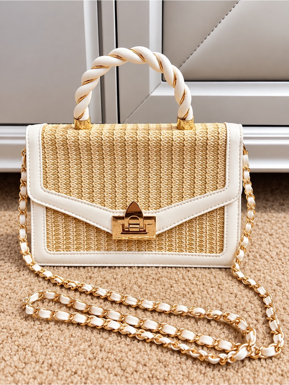 Ivory Woven Straw Top Handle Crossbody Bag | Gold Chain | Boho Chic